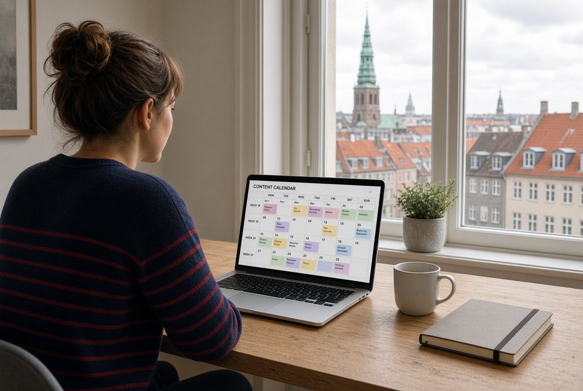 Kvinde arbejder ved et skrivebord i en dansk lejlighed, bærbar åben, bytage i vinduet.
