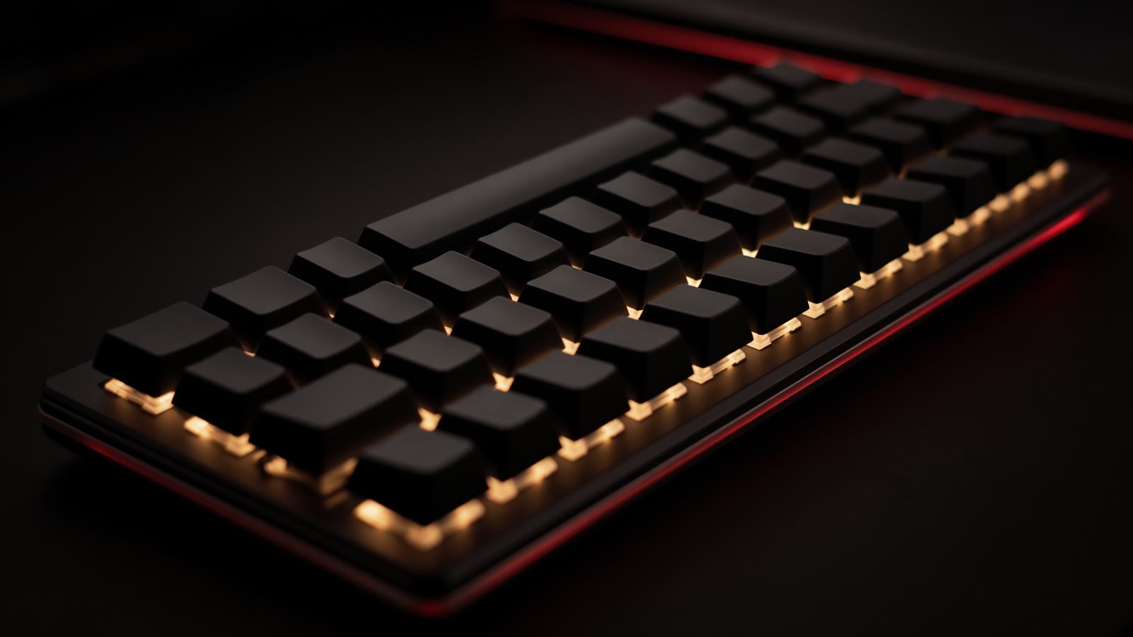 Nærbillede af et tastatur med hvidt lys og rød kant.