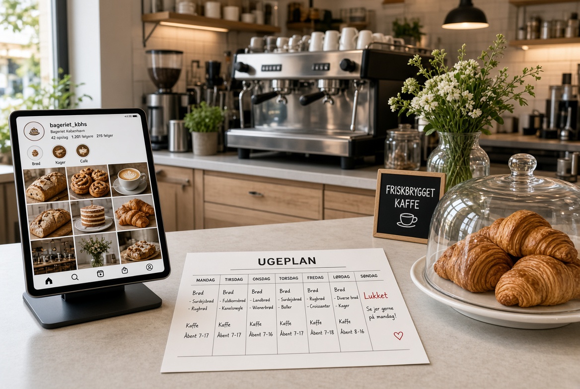 Disk i en dansk butik med tablet, papirugeplan og varmt lys.